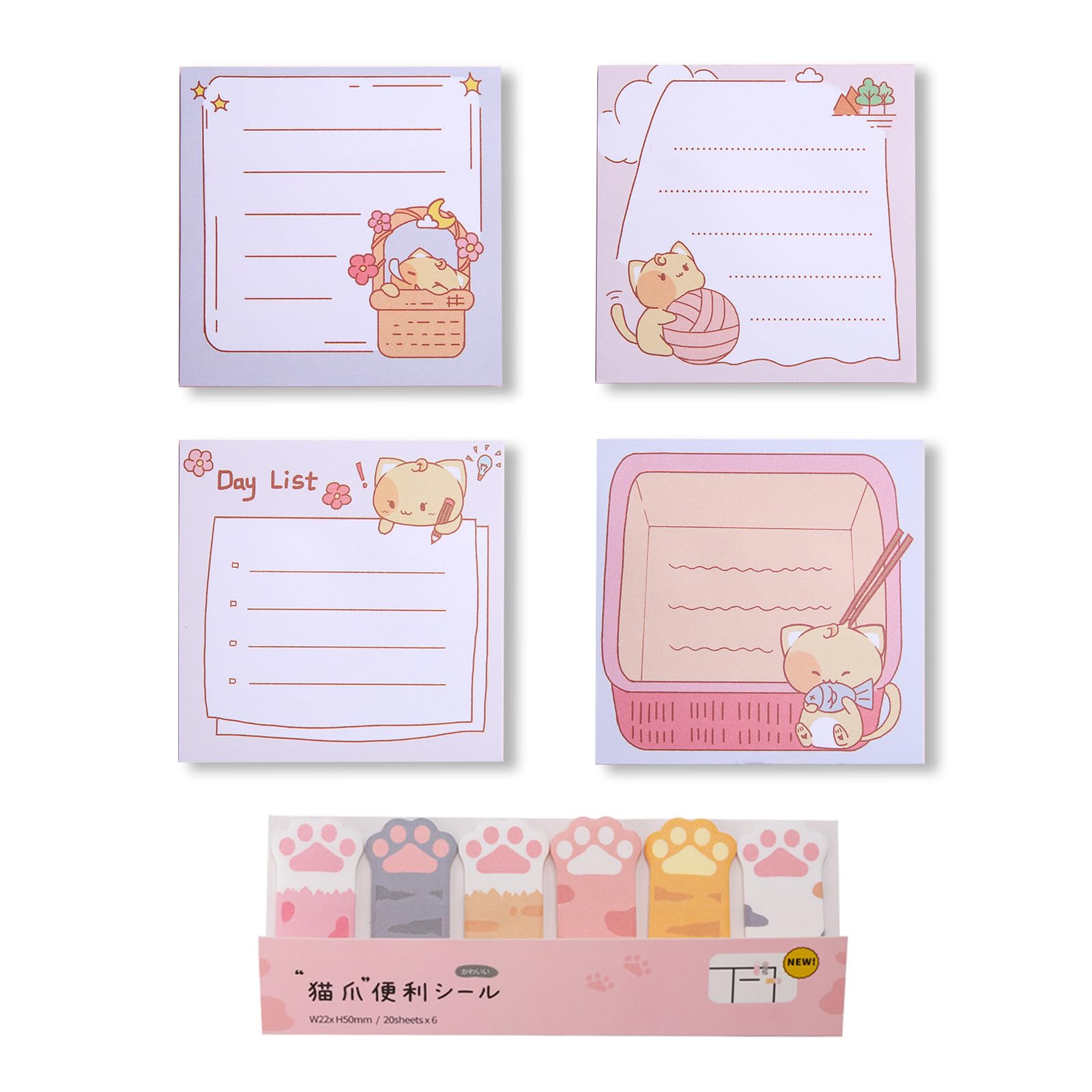 MAHONLIEN 5 Pads Cute Cat Sticky Notes Bookmarks, Kawaii Cat Theme Self-Stick Notes Memo Pad Adhesive Tab Notes Page Markers Flags Index for Office School