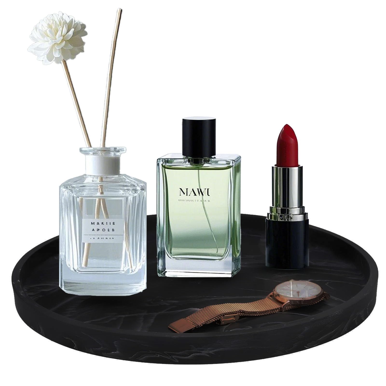 Silicone Bathroom 7" Tray Vanity Tray Trinket Tray for Scrubber, Lotion Bottles, Perfume, Jewelry, Candle, Key Trinket Ring (Black)