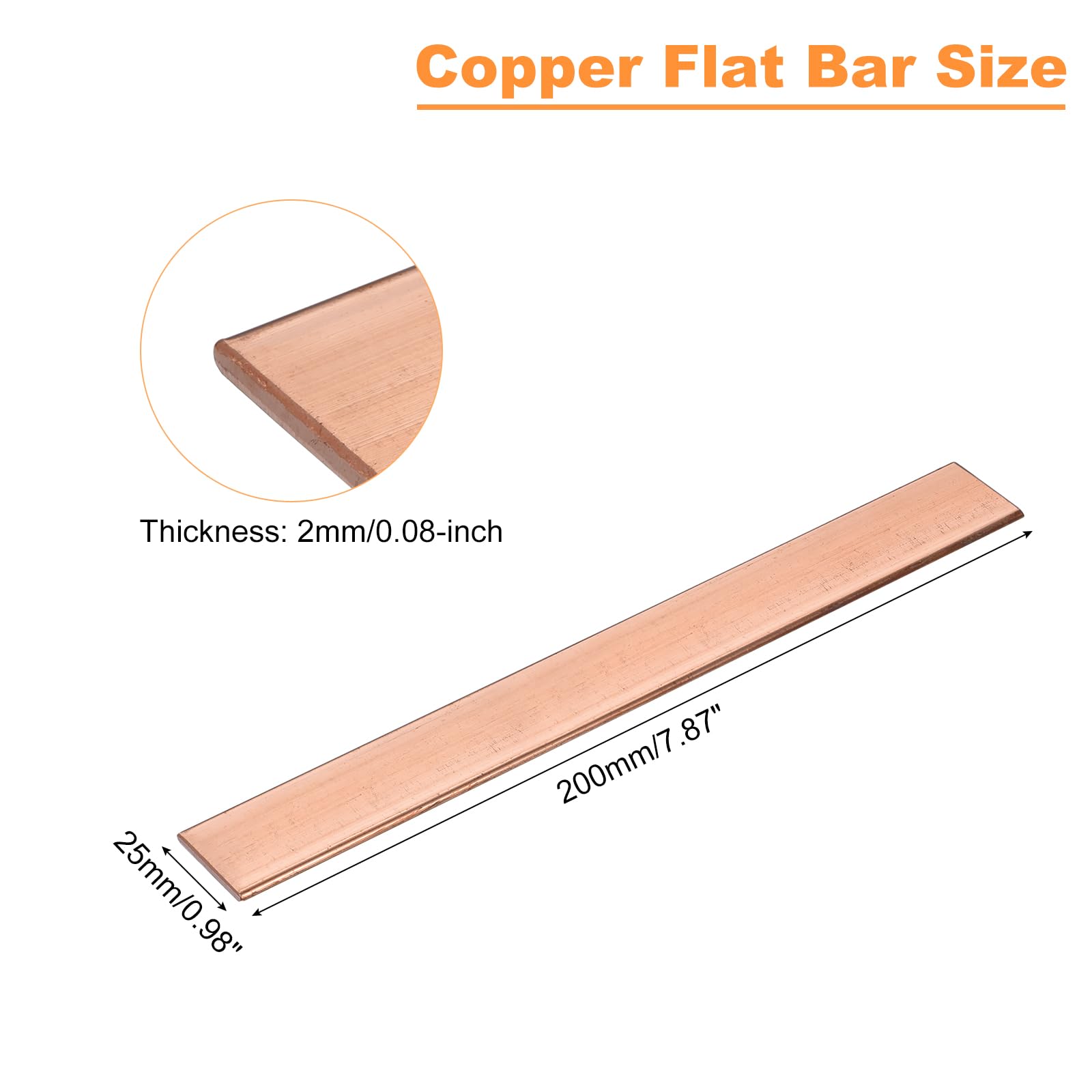 sourcing map Barre plate en cuivre, 0,2 cm d'épaisseur x 2,5 cm de largeur x 20 cm de long pour barre omnibus électrique (2 mm x 25 mm x 200 mm)