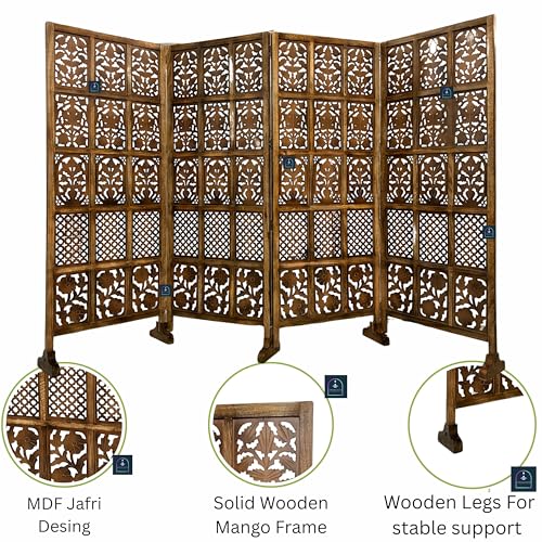 Image of Wooden Room Partition /Screen /Room Divider /Room Separator Burnt Wood Finish (Hand Buffing) Frame Traditional Handicrafts 6Ft Height (30 Inches Width 4 Panel)