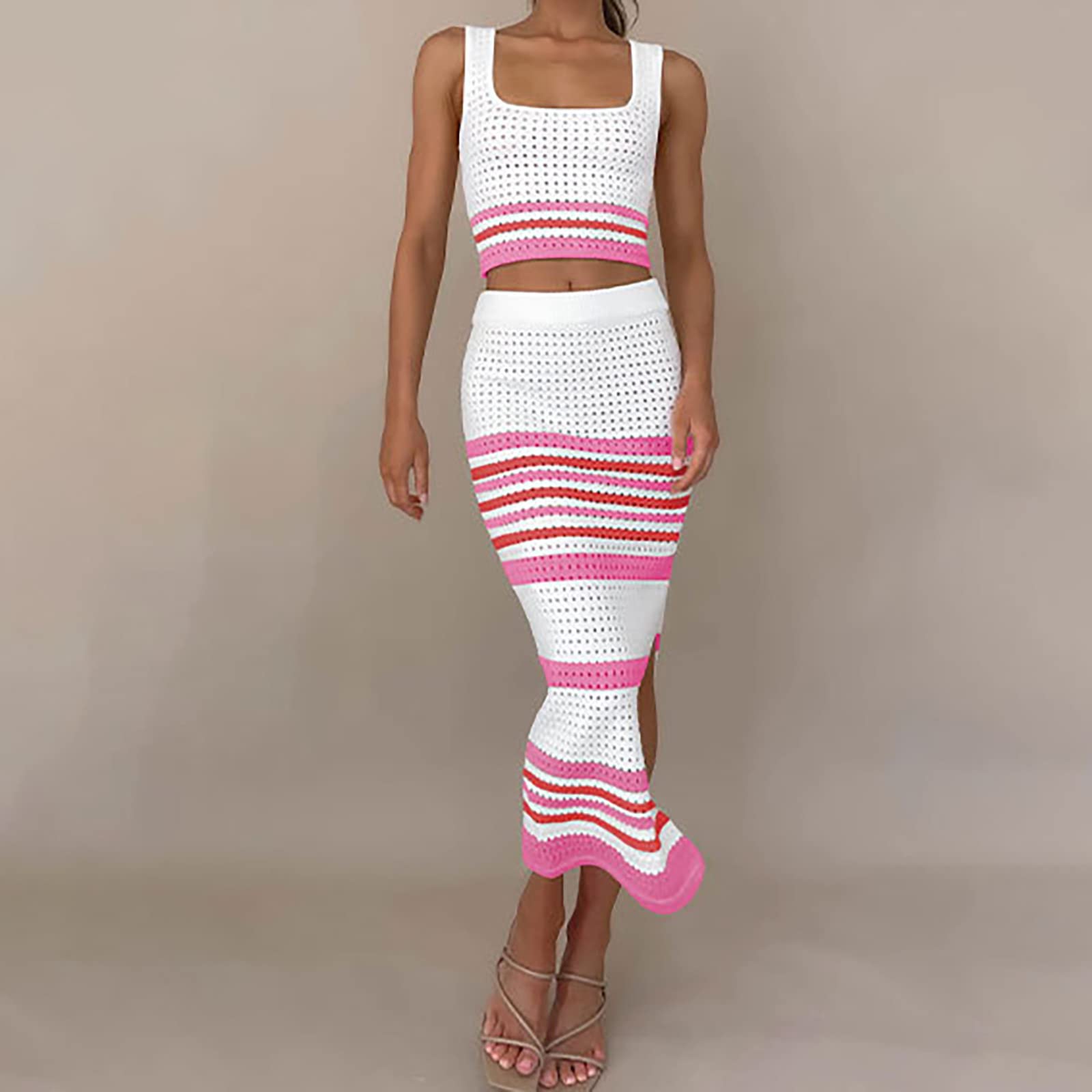 Femme Taille Haute Jupe Et Haut 2 Pièces 2023 Été Femmes Vêtements Nouveau Col Carré Rayé Creux Costume Court Gilet Fente Longue Jupe Femme Sweats Zippés Jupe Longue Fille Jupe en Tulle