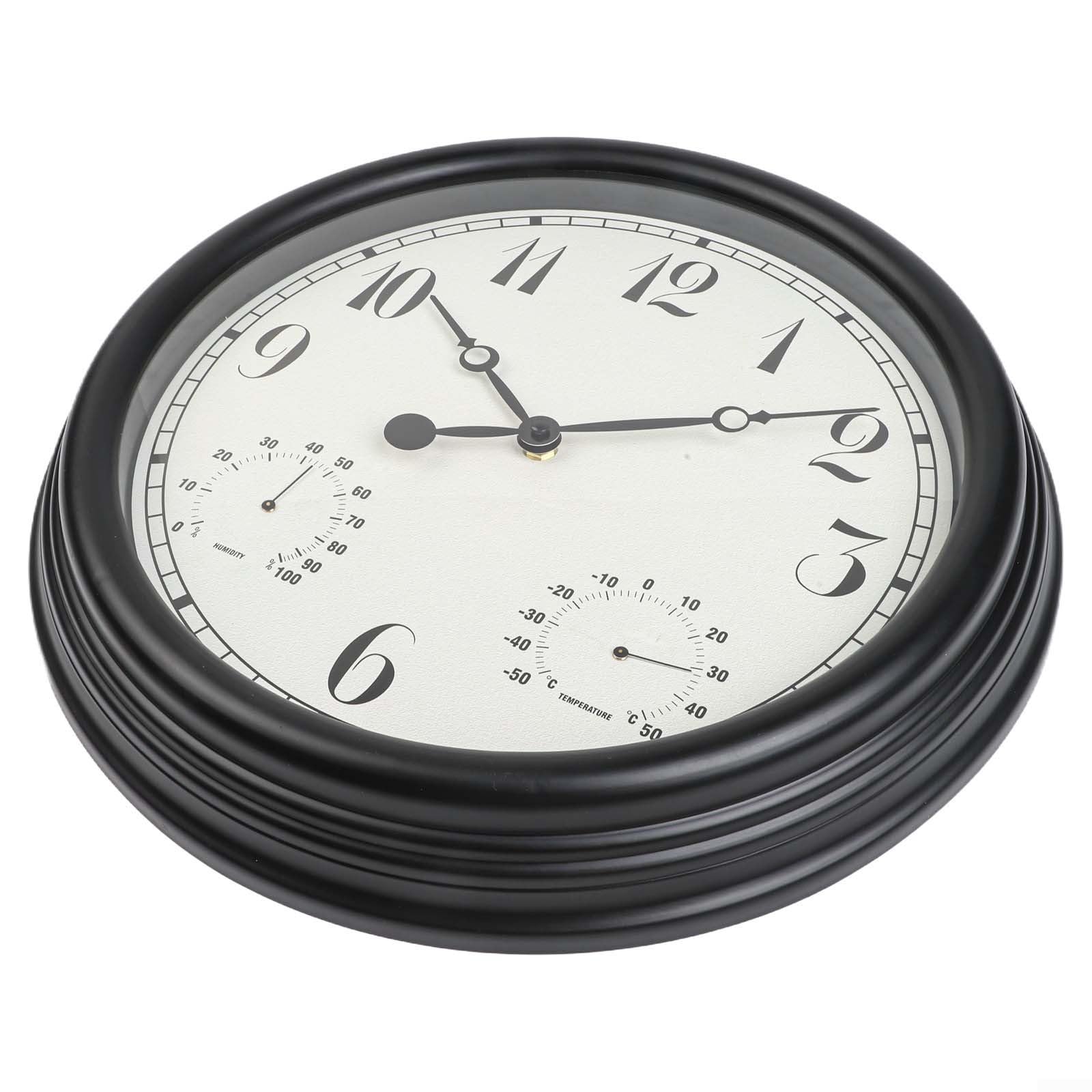 Orologio da parete silenzioso per esterni, con termometro e igrometro, 38 cm, grande, impermeabile, decorazione da giardino per patio, piscina, cortile, nero