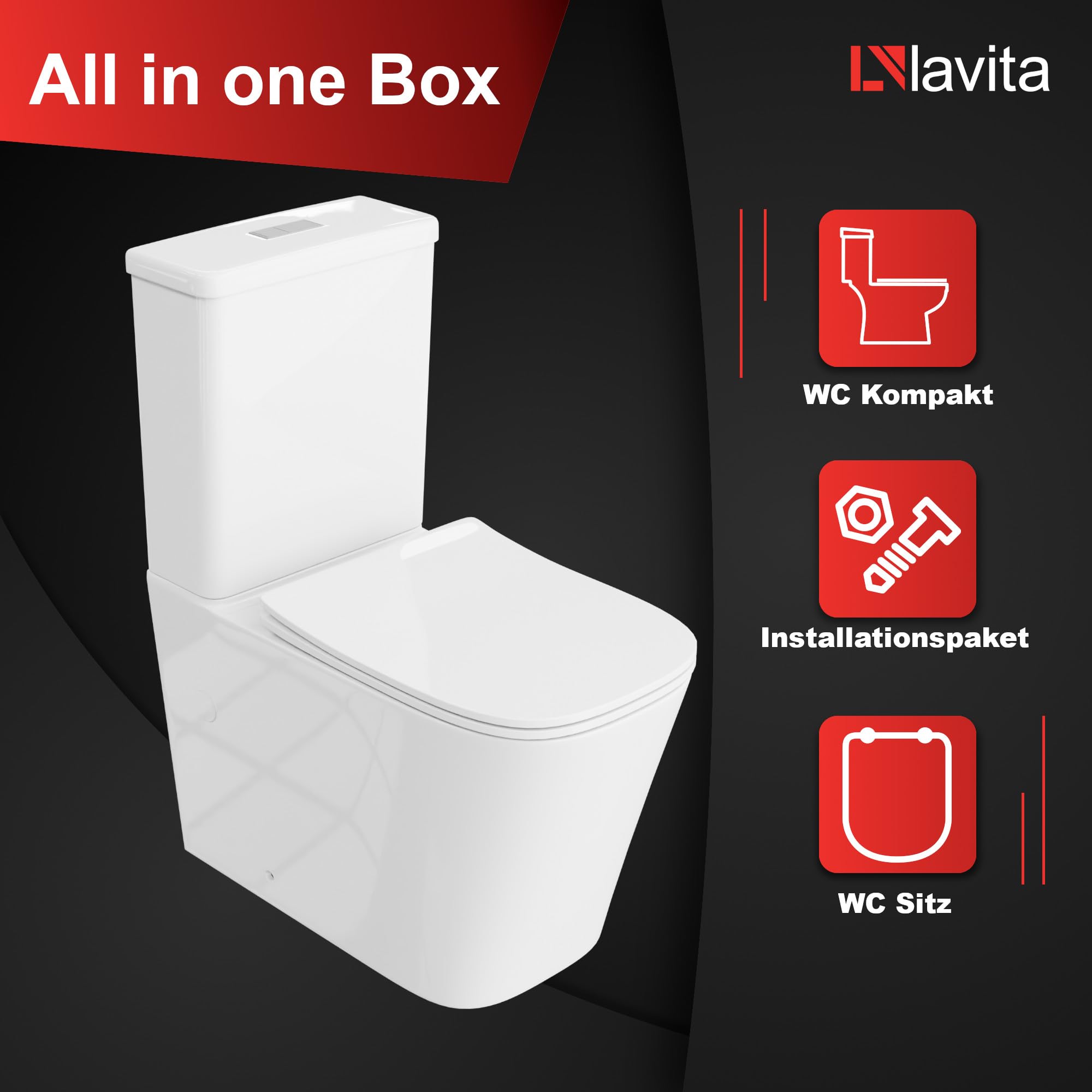 LAVITA TRYTON WC Monobloc Blanc Avec Réservoir De Chasse Intégré, Couvercle à Abaissement Automatique, Céramique Sans Bord, Cuvette Debout