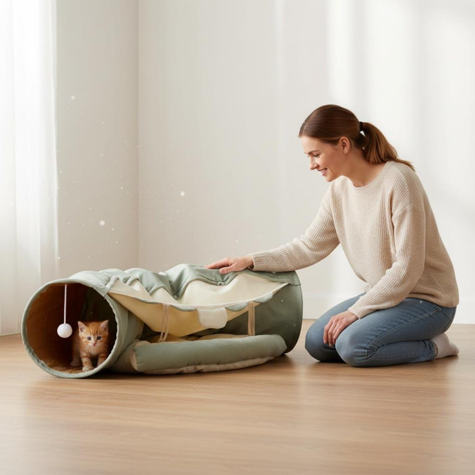 Tunnel pour en 1 Couchage et Jouet avec Dossier Moelleux Passage Superposé Bruissement Stimulant Franges Suspendues Polyester Adapté aux Félins