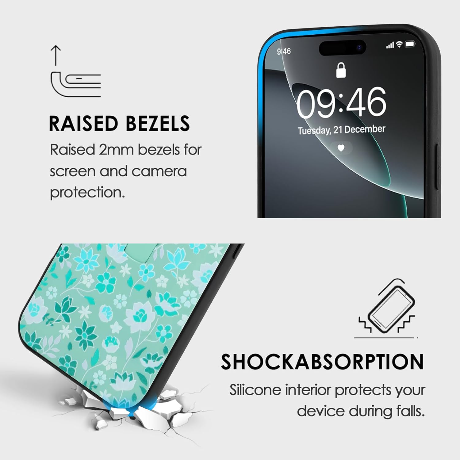 Compatible with iPhone 16 Pro Case with Finger Hand Strap Kickstand, Cute Flowers Floral Phone Case for Girls Women Men, Full Camera Protection Shockproof Protective Cover, Green Flowers - Image 2