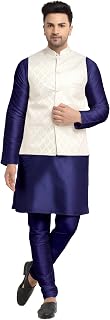 Men's Silk Kurta Pyjama Set with Waist Coat Indian Men Party Wear Traditional Outfit Ethnic Dupion Silk Churidhar for Grooms