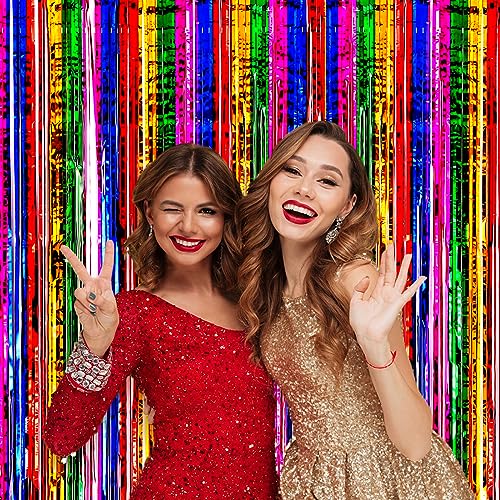 Image of Voircoloria 4 Pack 3.3x8.2 Feet Rainbow Foil Fringe Backdrop Curtains, Tinsel Streamers Birthday Party Decorations, Fringe Backdrop for Graduation, Baby Shower, Gender Reveal, Disco Party