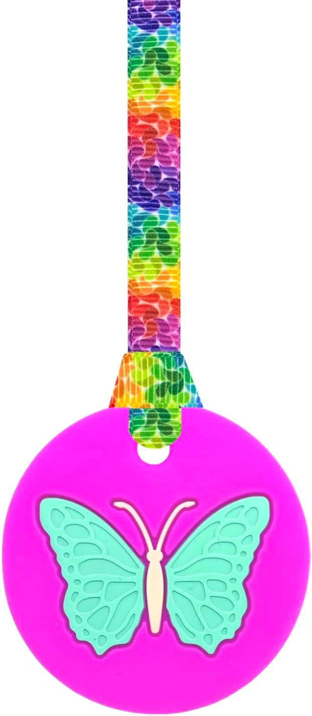 Butterfly Chew Necklace with Lanyard – Pink – Sensory Chew for Kids with Autism, Anxiety & ADHD – 100% Food Grade Silicone – Sensory Oojamabobs (8 Designs Available) (Rainbow Leaves, 54cm Lanyard)