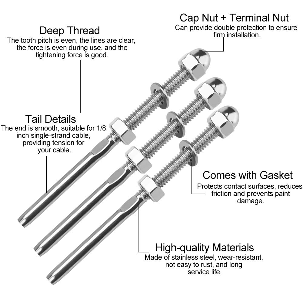 XAVSWRDE 10 Pcs Tendeurs De Câbles Filetés Fendeur Câble Inox Garde Corps Câble Tendu Câble Inox Garde Corps Connecteur De Câble Métallique Avec Écrou Joint Pour Systèmes Gréement Garde-Corps 1/8