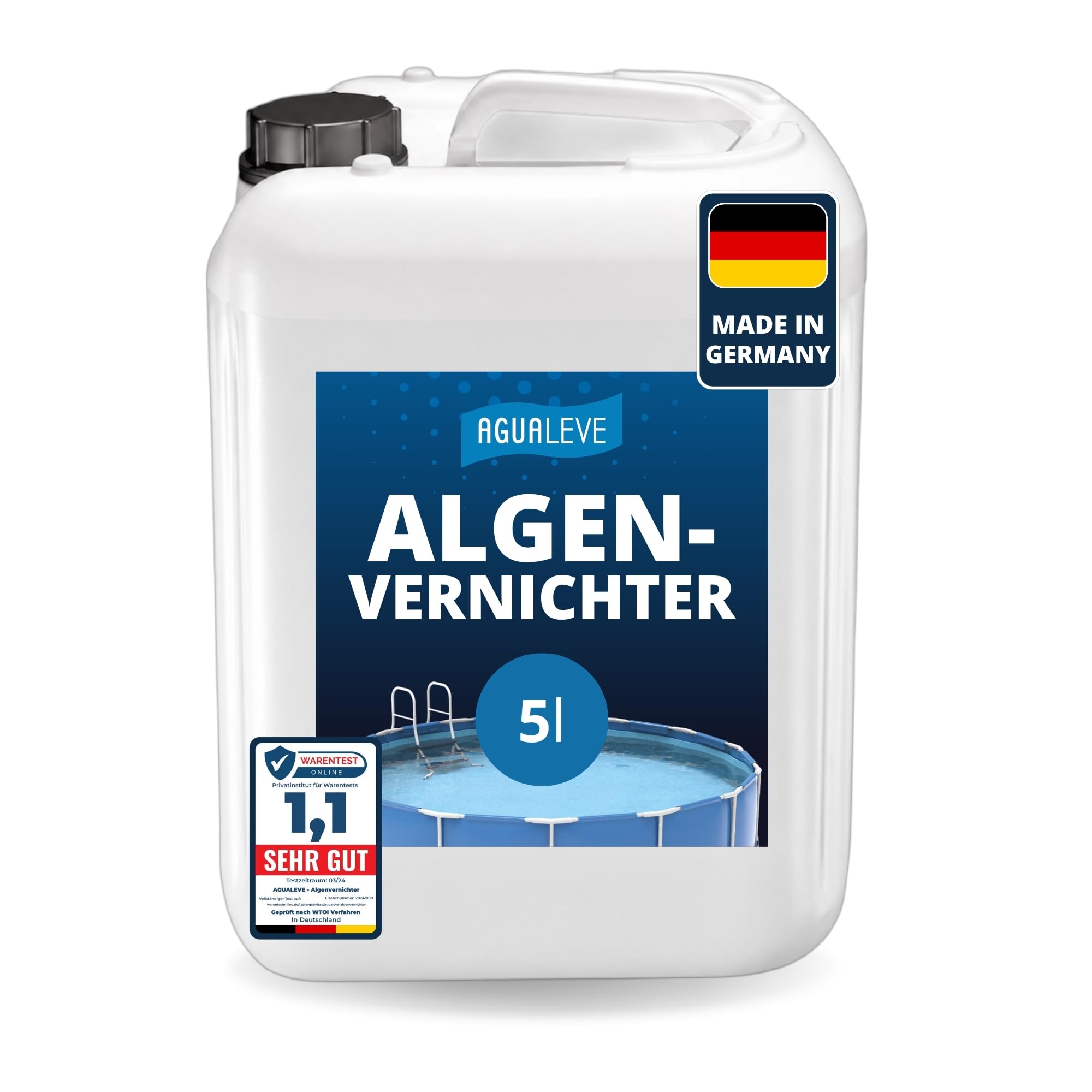 AGUALEVE® Algizid Algenvernichter 5 Ltr. | Algizid zum Algenschutz & bei Algenbefall | wirkt zudem desinfizierend (ohne Chlor) & als Poolklar |für Pools, Aufstellpools, Whirlpools, etc.