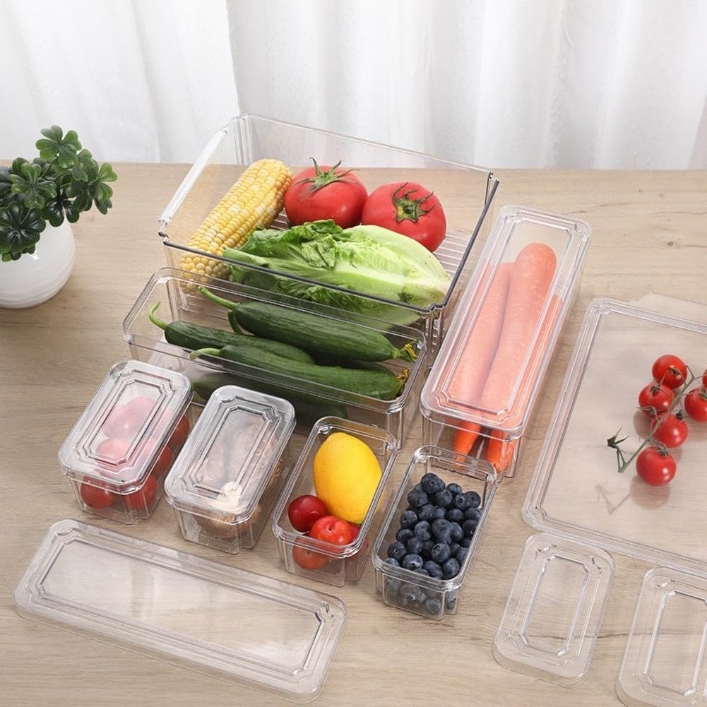 Caja de almacenamiento apilable para nevera, organizador transparente de PET, contenedor de alimentos resistente para refrigerador, contenedor transparente de 31,5 x 15,7 x 8,9 cm