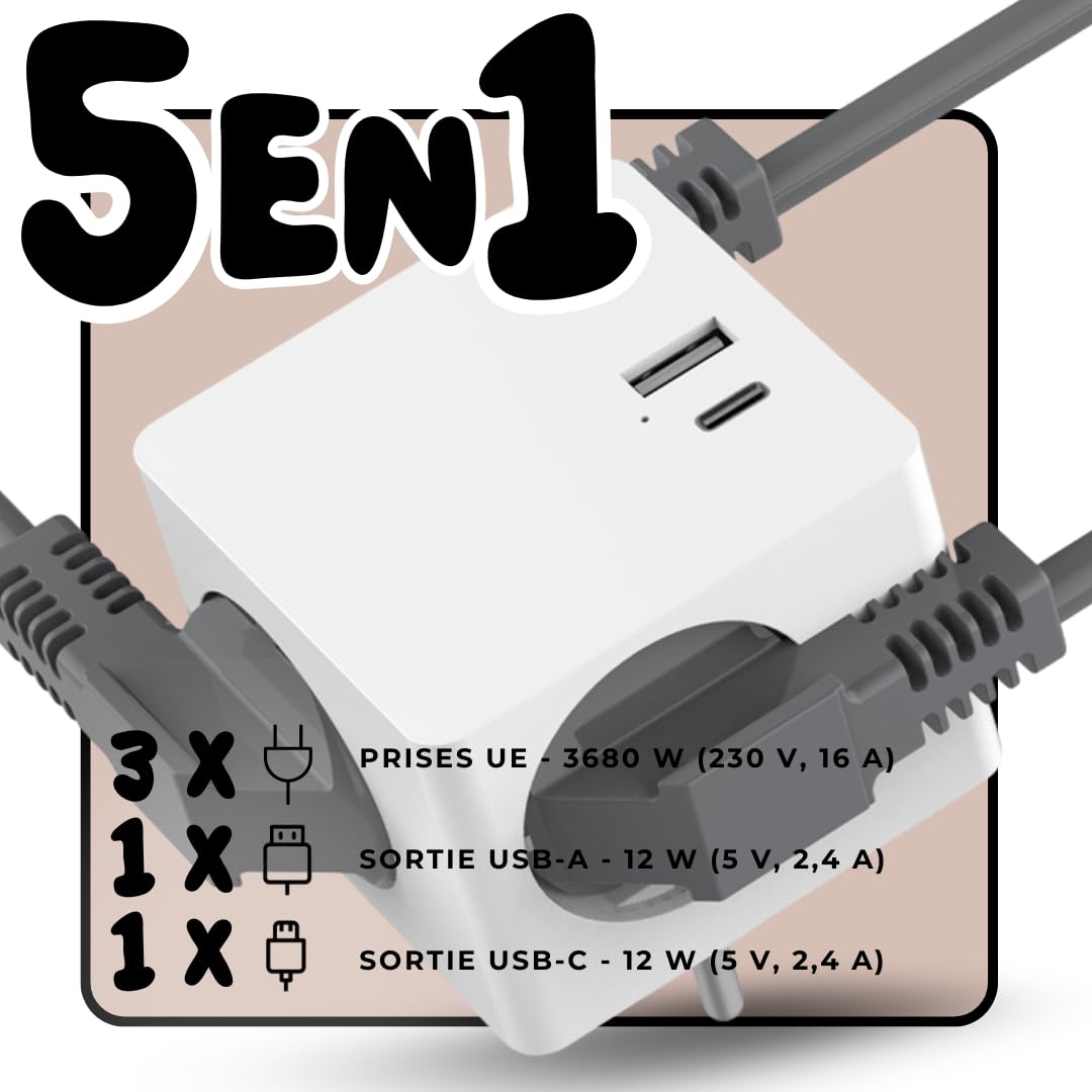 COLOR UP - Prise Multiple sans câble - multiprise électrique 5 en 1 | multiprise Cube USB A/C + 3X Schuko - Bloc multiprise avec Protection Contre Les surtensions et sécurité pour Les Enfants