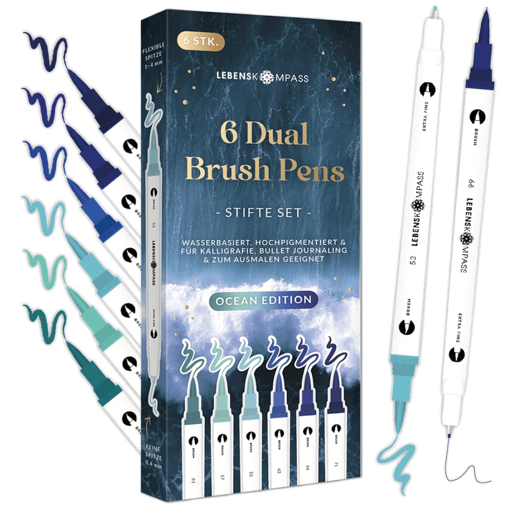 LEBENSKOMPASS® Brush Pen Set Ocean – 6 Pinselstifte in Blautönen Stifte für Handlettering, Ausmalen & Bullet Journal - Dual Tip Stifte mit feiner & flexibler Spitze