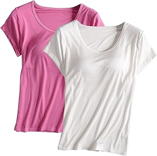 2 en 1 camiseta transpirable para mujer con sujetador integrado, túnica de verano 2 en 1, bonito color puro básico, camiseta de gimnasio simple 2024