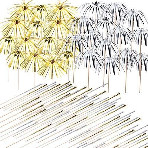 Allazone 200 PCS Cocktail Picks Firework Party Picks, 23CM Gold Silver Firework Cake Toppers, Sandwich Cocktail Picks