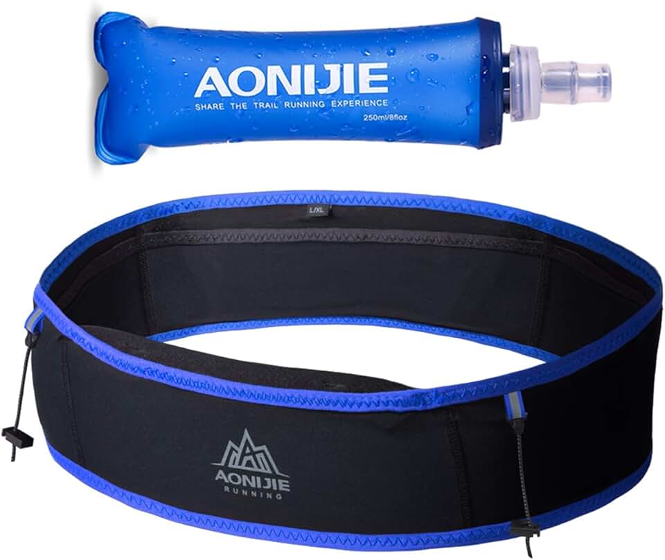 AONIJIE Pochete de hidratação para corrida, com garrafa de água macia de 250 ml, suporte de telefone para trilha, corrida, escalada, ciclismo, treino, fitness, 3 cores, Azul, S/M