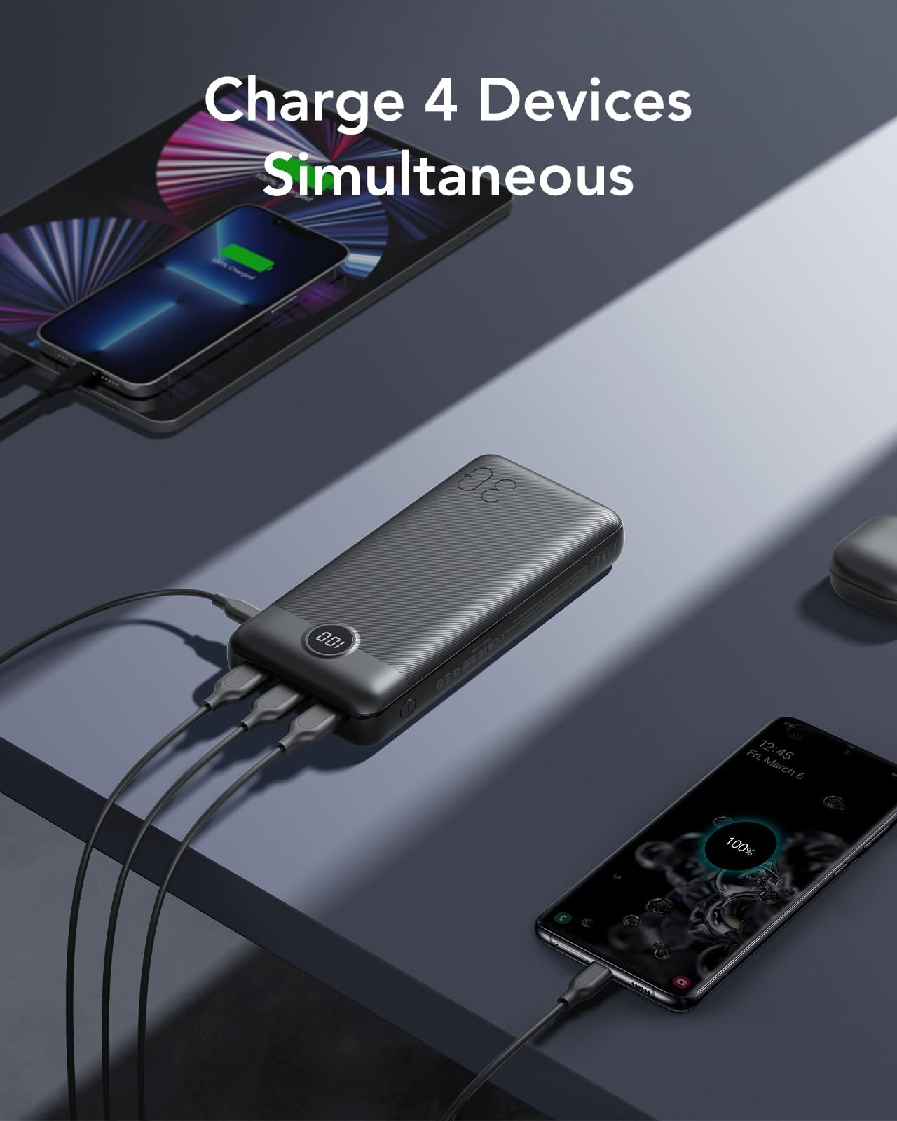 VEGER Batterie Externe 30000mAh, PD20W QC3.0 Power Bank Charge Rapide 4 Sorties et 2 entrées Chargeur Portable avec Affichage LED Compatible avec iPhone/Huawei/Android, etc.