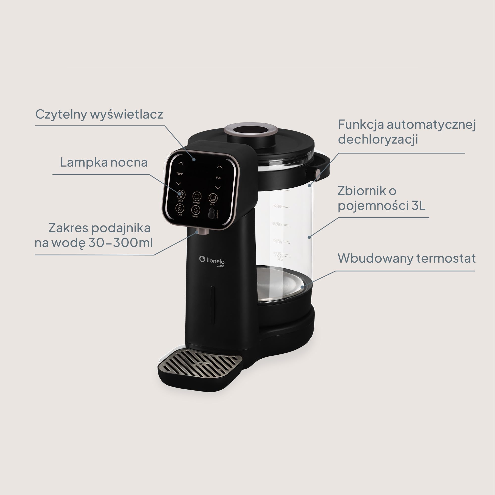 Lionelo Babypresto 2.0 urządzenie do przygotowywania butelek dla niemowląt i ogrzewacz do butelek dla niemowląt o temperaturze 40-100°C, higiena UV, dechlorowanie, dozowanie 30-300 ml, szklany