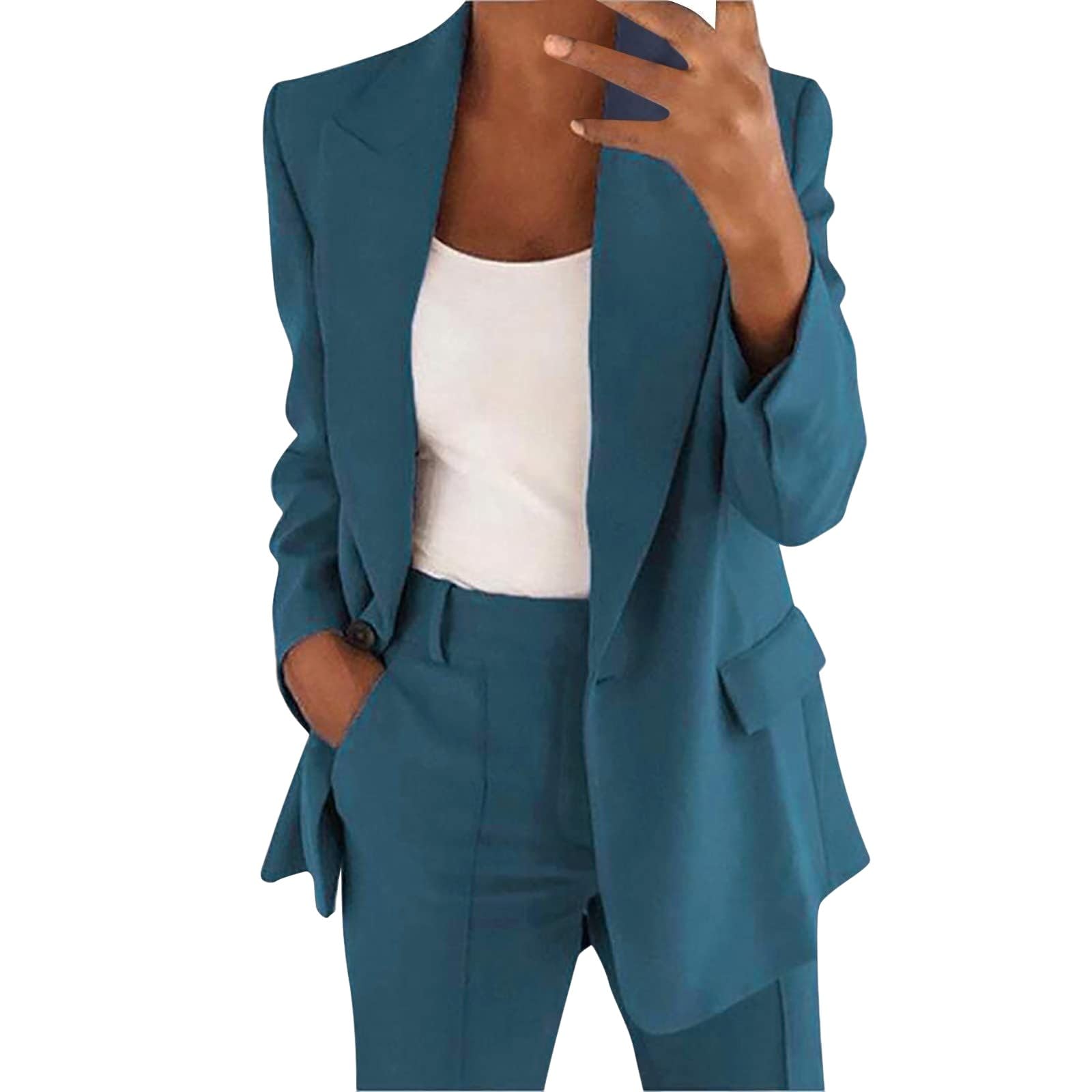 Blazer Sets Women 2 Piece Outfits Dressy Casual Loose Long Blazer and High Waisted Wide Leg Pant Work