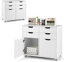 KOMFOTTEU Filing Cabinet with 4 Drawers & 2 Door Cabinets, Mobile Office Cabinet, 5 Universal Casters, Office Storage Unit, 73 x 40 x 64.5 cm, White