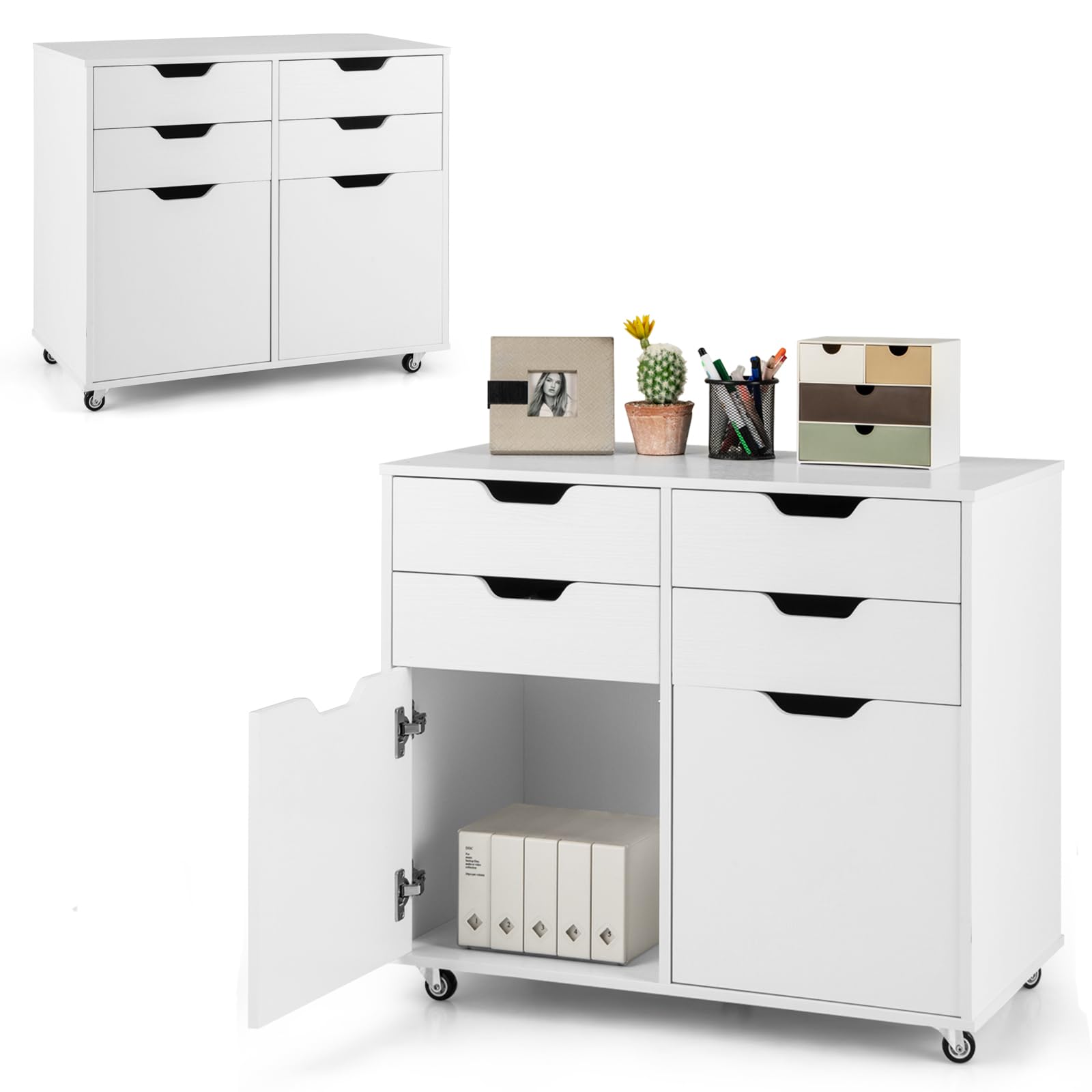 KOMFOTTEU Raccoglitore mobile con 5 ruote, cassettiera con 4 cassetti e 2 armadi con porte, supporto per stampante in legno, mobile di stoccaggio per ufficio, soggiorno