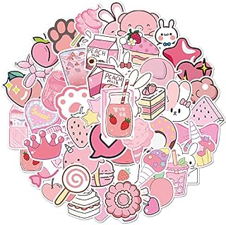 50pcs Pink Cute Stickers Pack Aesthetic Stickers Vinyl Sticker Decals with Kawaii Patterns for Girls Water Bottles Laptops Suitcase Scrapbooks, Waterproof & Self-Adhesive