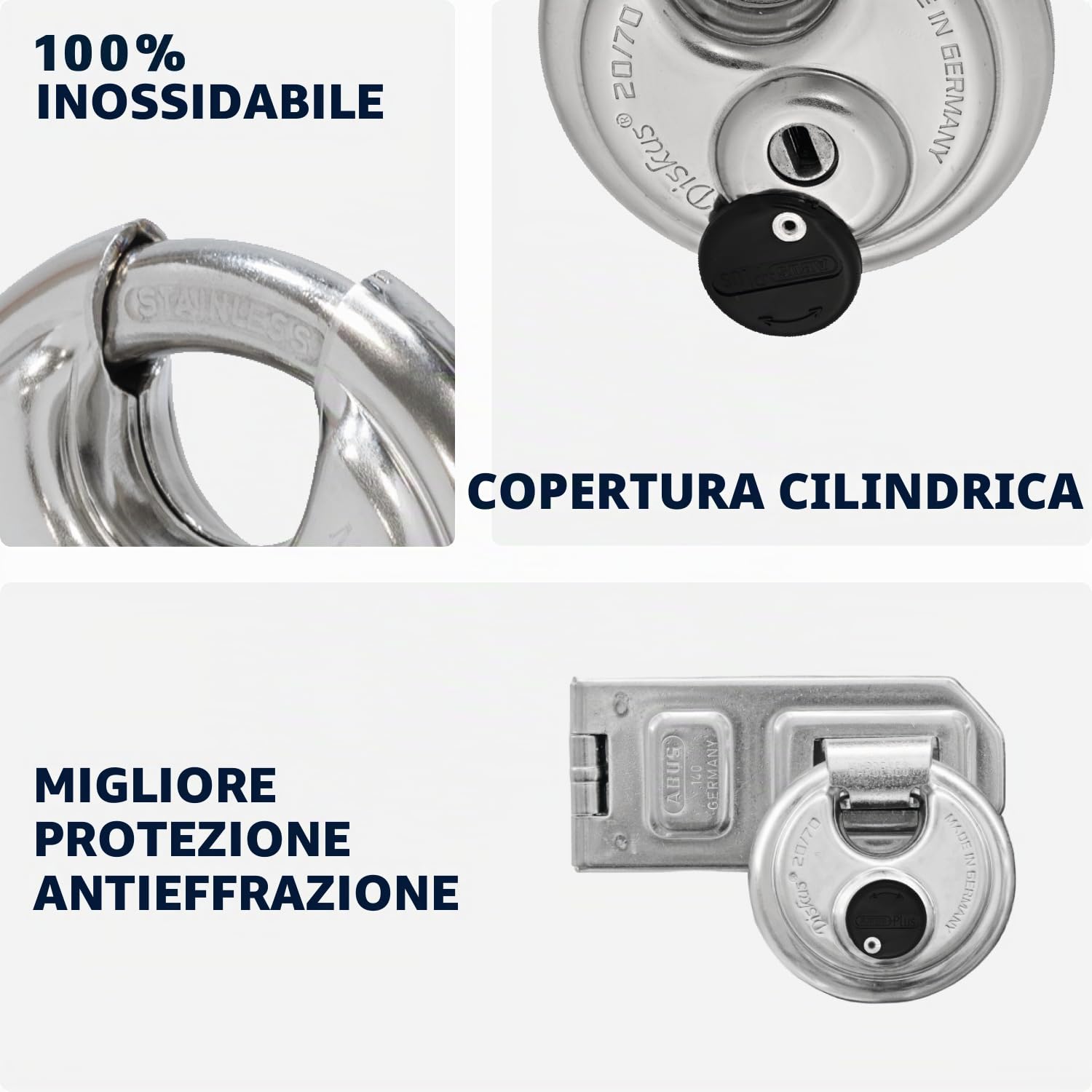 ABUS Lucchetto Diskus 20/70 - Sicurezza Livello 9, Impermeabile | Corpo e arco in acciaio inox - cilindro ABUS-Plus anti-manipolazione - 70x70x30,5 mm - protezione sporco e spruzzi