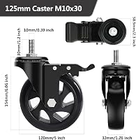 RRIUTO Bútor Görgő 125mm Fékkel - M10x30mm Csavaros Forgókerekek 360° Forgással - 4db Nagy Teherbírású PU Bútorkerék Szett 162,5kg Teherbírá 2
