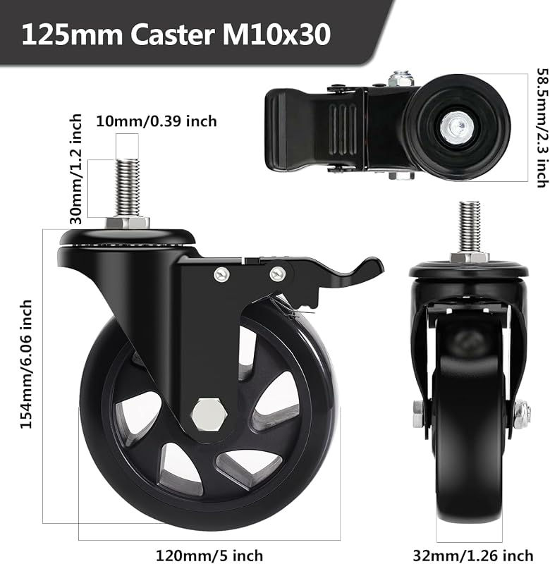 RRIUTO Bútor Görgő 125mm Fékkel - M10x30mm Csavaros Forgókerekek 360° Forgással - 4db Nagy Teherbírású PU Bútorkerék Szett 162,5kg Teherbírá