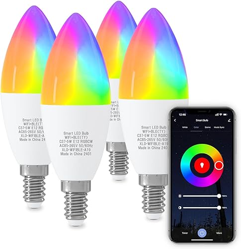 Miniatura 12 de ORALUCE Bombilla inteligente compatible con Alexa y Google Home, bombilla LED C37 E12 equivalente a 40 W, WiFi de 2.4 GHz y Bluetooth que cambia de