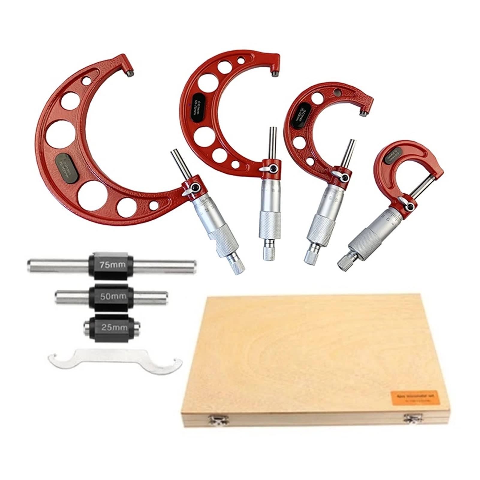 Mikrometr, 0-25mm-50mm-75mm-100mm z mikrometrem zewnętrznym Zestaw normami Ratchet Stop 0-100mm Zakres 0.01mm Graduation (4 zestaw)