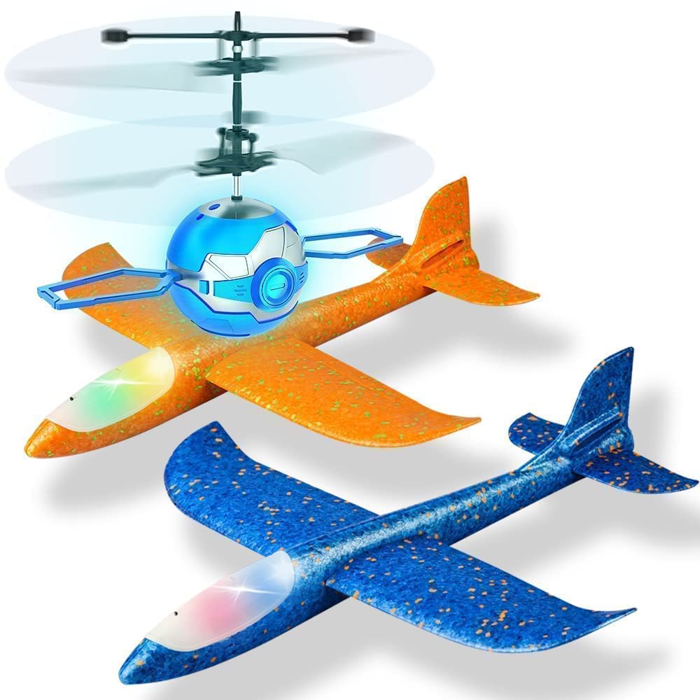2 Pack LED Light Airplane,17.5" Large Throwing Foam Plane & Flying Toy Ball,Infrared Induction UFO RC Flying Toy,Gifts for 3 4 5 6 7 8 9 Years Old Boy,Outdoor Sport Toys Birthday Party