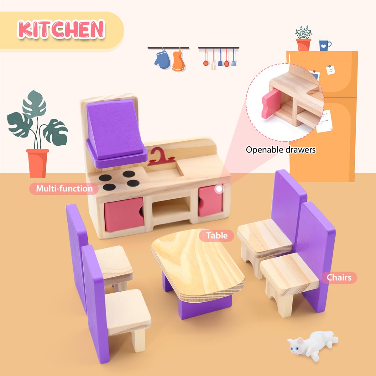 25PCS Wooden Doll House Furniture Set,Realistic Dollhouse Accessories with Bedroom,Living Room,Dining Room Accessories,Mini Cats for Pretend Play Educational Toys for Girls Boys Children Toddlers 3+ - Image 3