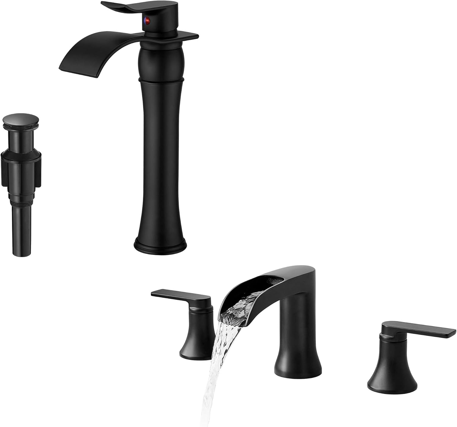 Black Vessel Sink Faucet Single Handle Tall Faucet for Bathroom Sink, Solid Brass Waterfall Bathtub Faucets Set 3 Hole Matte Black Tub Faucet 2 Handle High Flow Roman Tub Faucets Widespread 6-16
