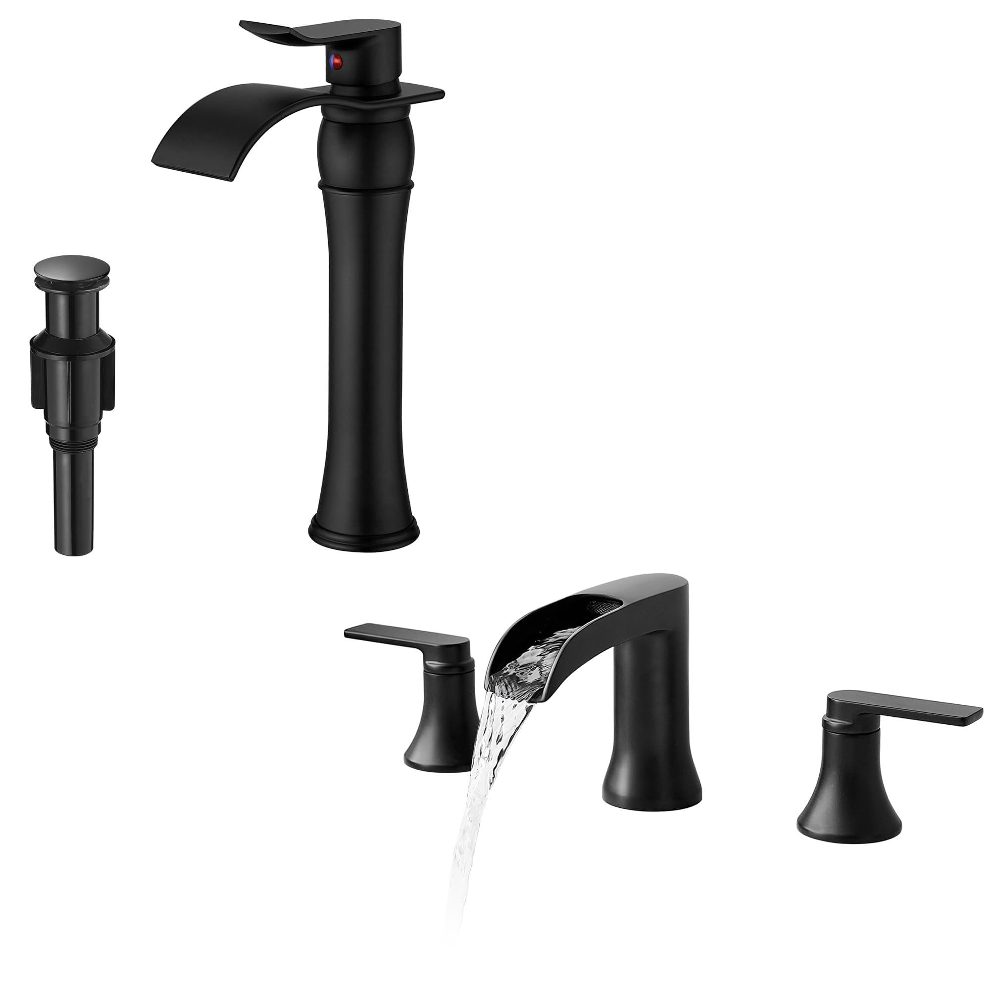 Rubinetto per lavabo da appoggio nero, rubinetto alto a maniglia singola per lavabo da bagno, set di rubinetti per vasca da bagno a cascata in ottone massiccio, rubinetto per vasca a 3 fori nero opa