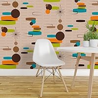 Vista 3 de Muestras de papel tapiz removibles - Tan Geométrico Mod Retro Atómico Abstracto de mediados de siglo Vintage Verde Marrón Naranja Círculos Turquesa