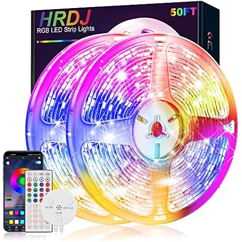 HRDJ Led Strip Lights 50ft Smart Led Lights with App Control Remote, 5050 RGB Led Lights for Bedroom, Music Sync Color Changing Lights for Room Party Cover
