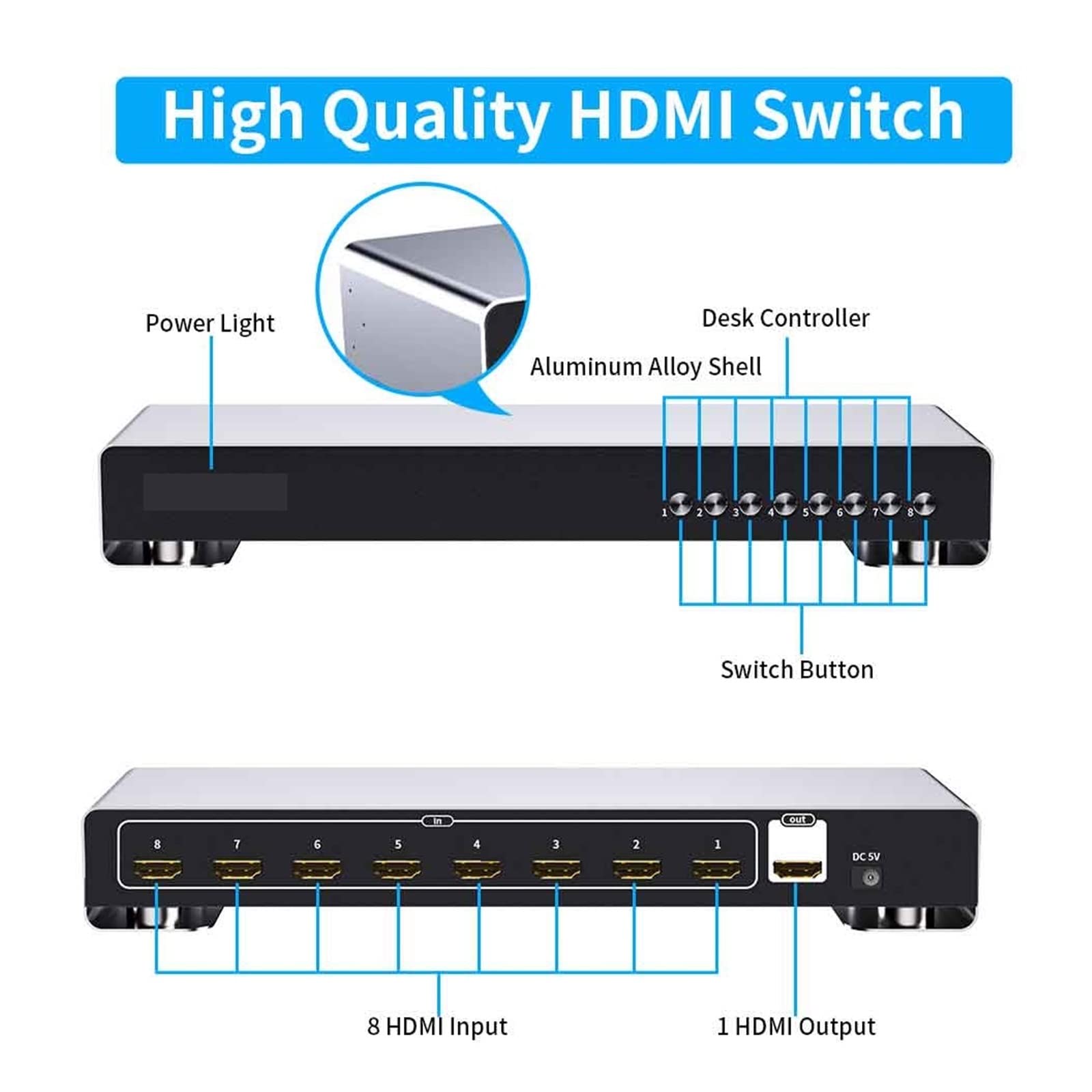 HDMI-Switch-Splitter, 4K HDMI Switch 8 In 1 Out Video Switcher 8 Ports for Host Laptop PS3/4/5 Xbox Sharing Monitor TV Projektor Einfach einzurichten