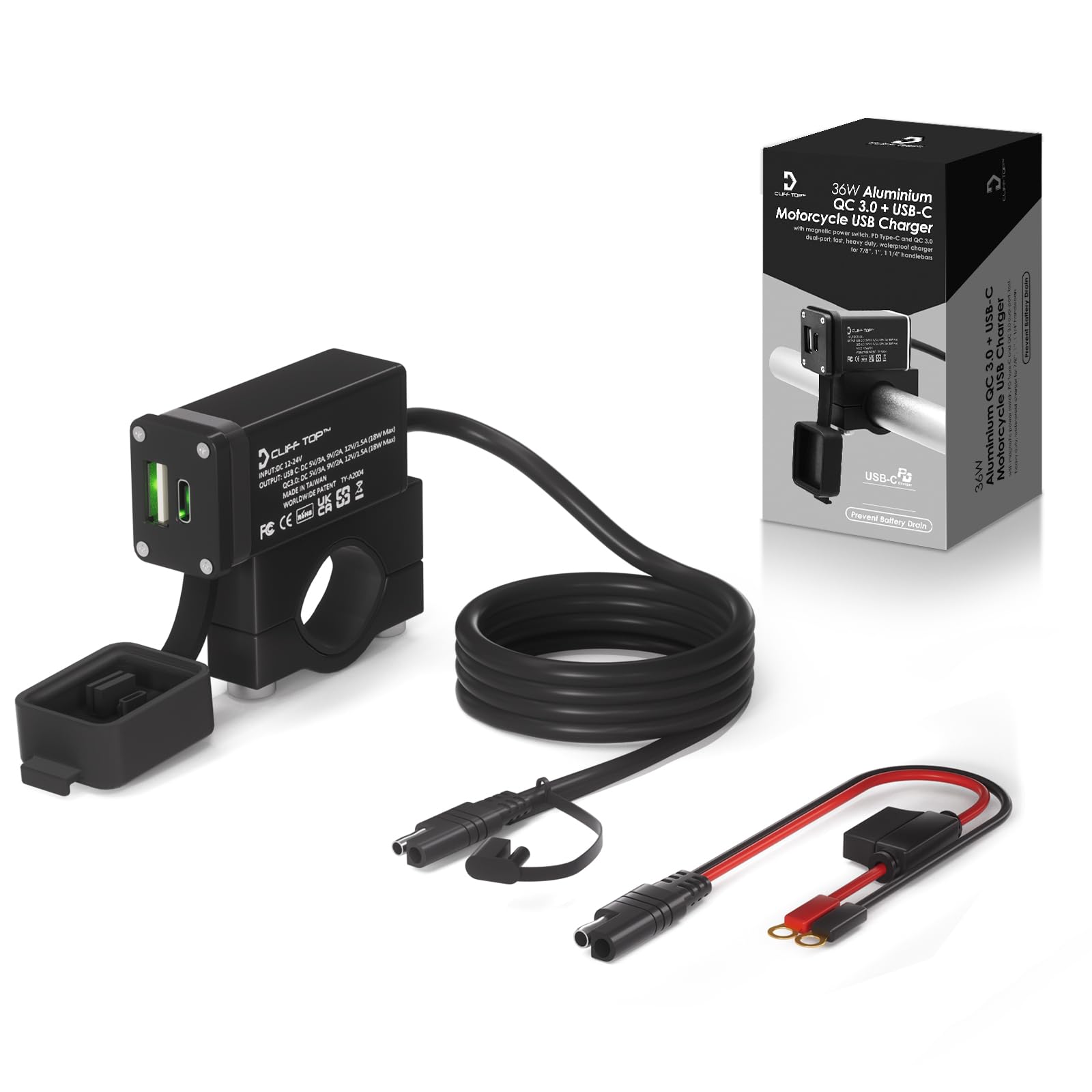 Cliff Top Chargeur USB de moto en aluminium 36W PD USB-C et QC 3.0 avec interrupteur d'alimentation magnétique et étanche pour guidons 7/8 '', 1'', 1 1/4 " - Empêche la décharge de la batterie.