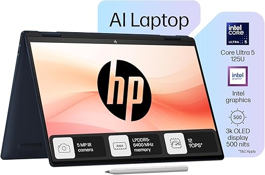 HP Envy x360 AI Laptop, Intel Core Ultra 5 125U, 12 TOPS, 16GB LPDDR5, 512GB SSD, (Win11, Office21, Blue, 1.44 kg) Touchscreen, 3K, OLED, 14-inch…