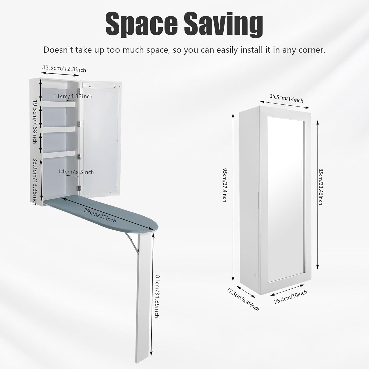Wall Mounted Ironing Board Cabinet 22Lbs Load Wall Ironing Board with Cabinet Built in Ironing Board with Foldable Support Leg & Mirror Ironing Boards Cabinet Home, Apartment| US Stock