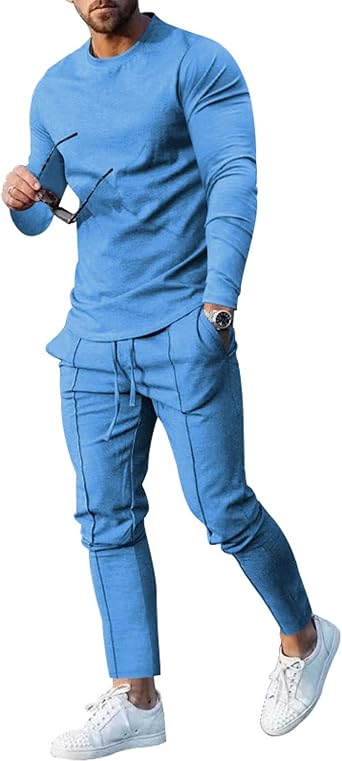 Mens Outfits 2 Piece Tracksuit Long Sleeve Crew Neck T-Shirts Trousers Set Casual Spring Autumn Sport Suit