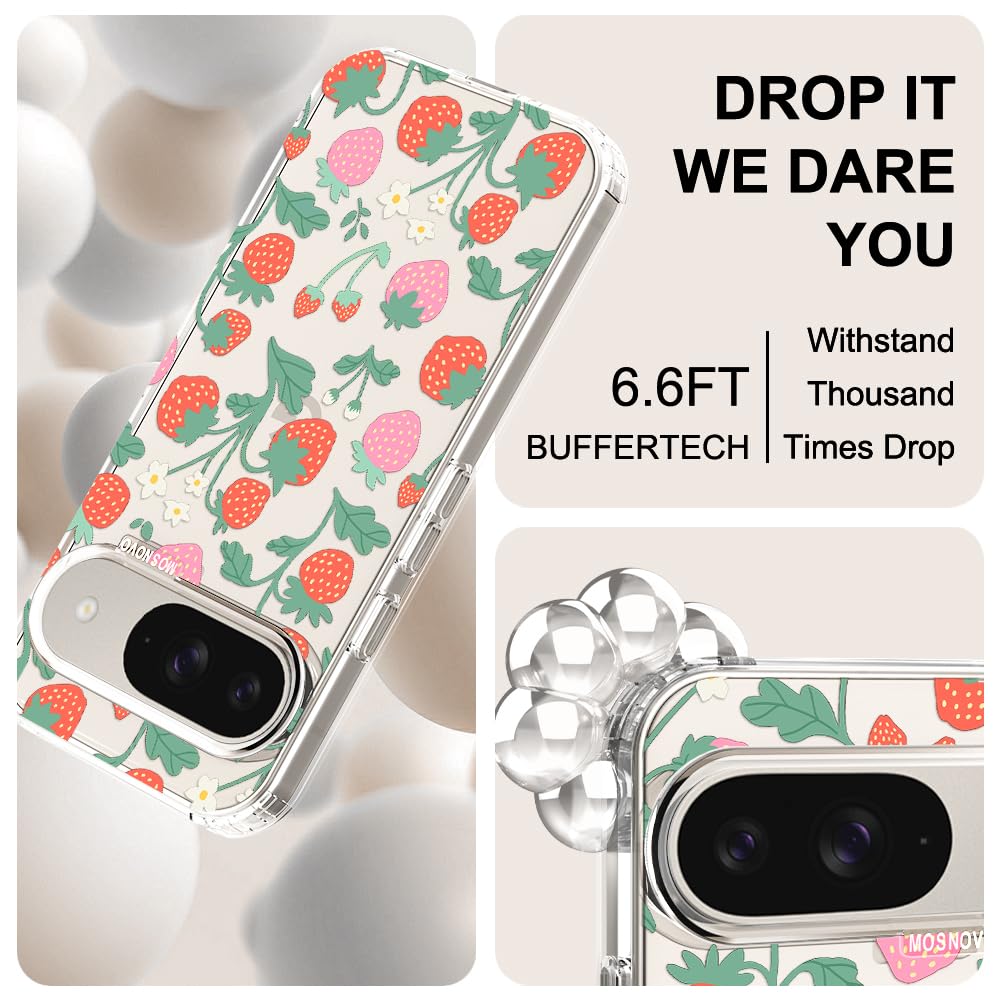 MOSNOVO Case for Google Pixel 9 & Pixel 9 Pro, [Buffertech 6.6ft Military-Grade Drop Protection] [Anti Peel Off Tech] Clear TPU Bumper Phone Case Cover Design - Strawberry Garden — view 6