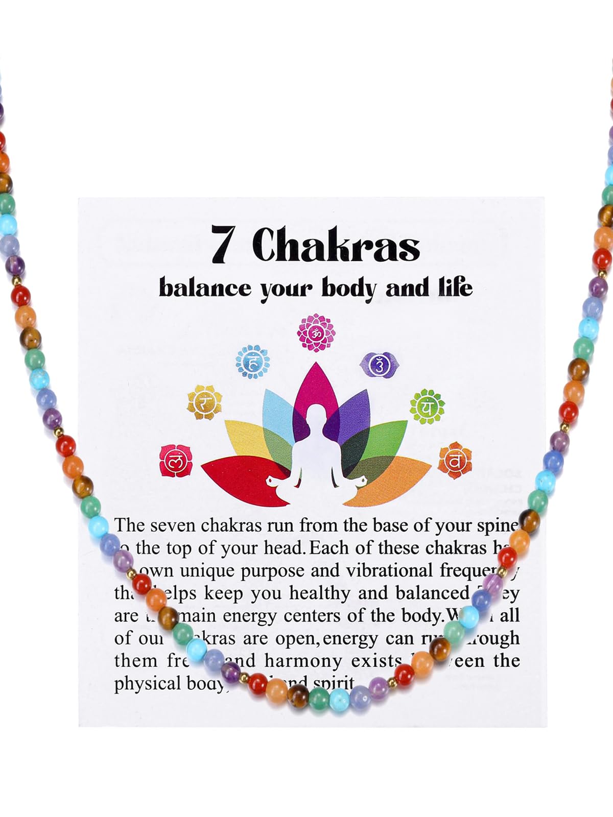 JSDDE Collier 7 Chakras en Pierres Naturelles pour Femme Fille 4mm Collier Perles Colorées Fin de Pierres et Cristaux Précieuses Reiki Guérison Bijoux Bohèmes Fantaisie Cadeau Anniversaire