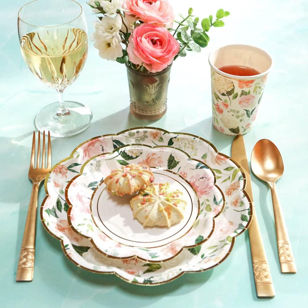 Kate Aspen Pink Floral 9 in. Decorative Premium Paper Plates (350 GSM weight -Set of 16) - Perfect for Bridal Showers and Weddings, White/Green/Gold/Pink (28591NA) - Image 7