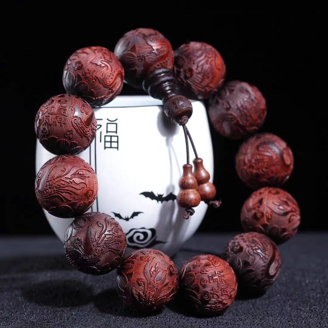 Bracciale, Braccialetti con Perline, Rosario, Intaglio del Legno di Sandalo Rosso Naturale per Uomo Donna Bracciale con Perline Bracciale con Perline di scritture buddiste tibetane Bracciale con PE