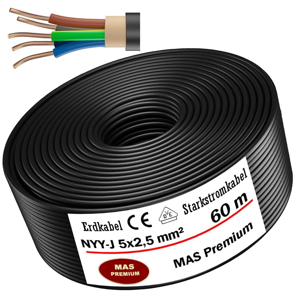 Kabel ziemny, kabel zasilający od 5 m do 100 m NYY-J 5 x 2,5 mm², kabel elektryczny zwój, do układania na wolnym powietrzu, w ziemi (60 m)