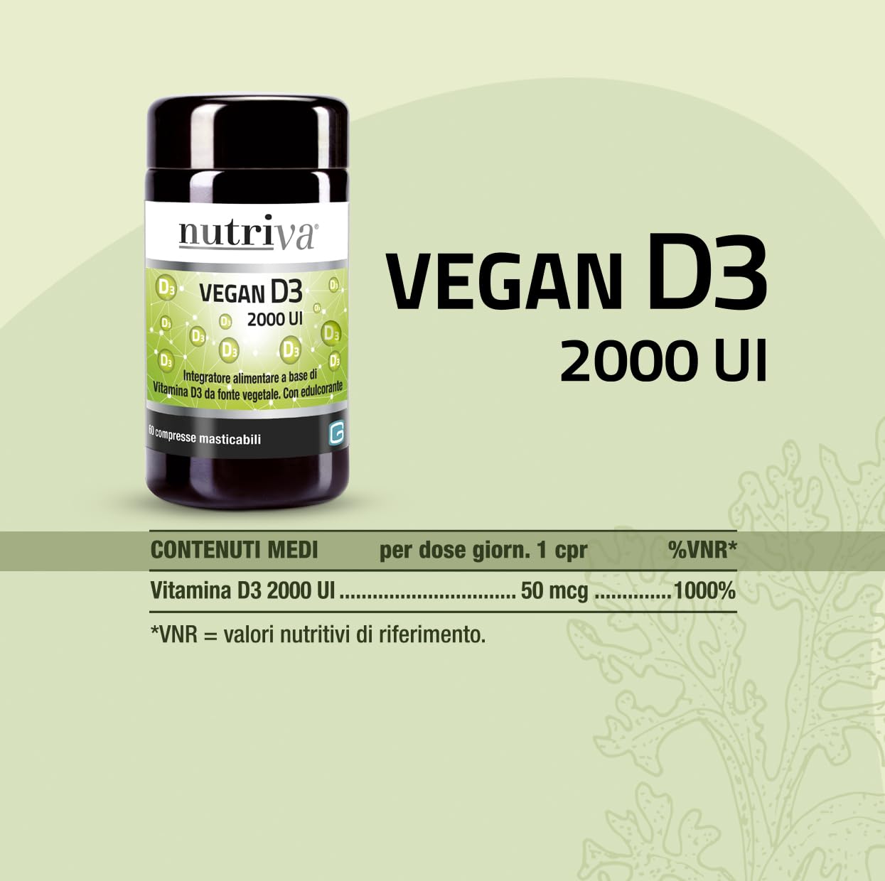 NUTRIVA Vegan D3, Integratore Alimentare a Base di Vitamina D3, Ideale per le Ossa e per il Supporto del Sistema Immunitario, Naturale, Privo di OGM, Glutine e Allergeni - 120 Compresse Masticabili