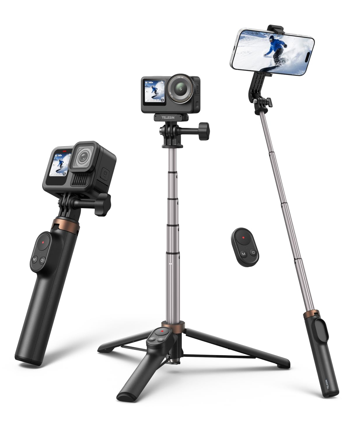 TELESIN Mini Selfie Stick & Phone Tripod for DJI Osmo 360 Action 6/5/4, GoPro Hero 13/12/11, Vlog Selfie Stand with 80m Remote and Phone Clip for iPhone & Android, Portable Vlogging Tripods for Travel-image-11