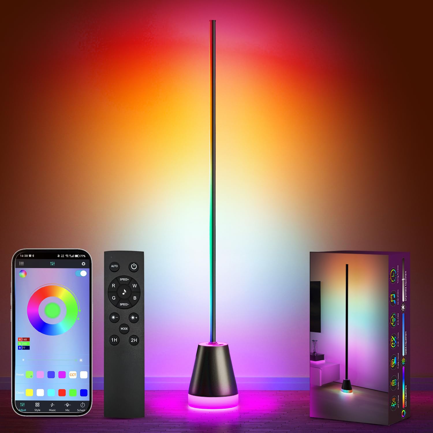 Keepsmile Smart Corner Floor Lamp,Abnehmbar Stehlampe Schwarz,Musikmodus & Timing-Funktion
